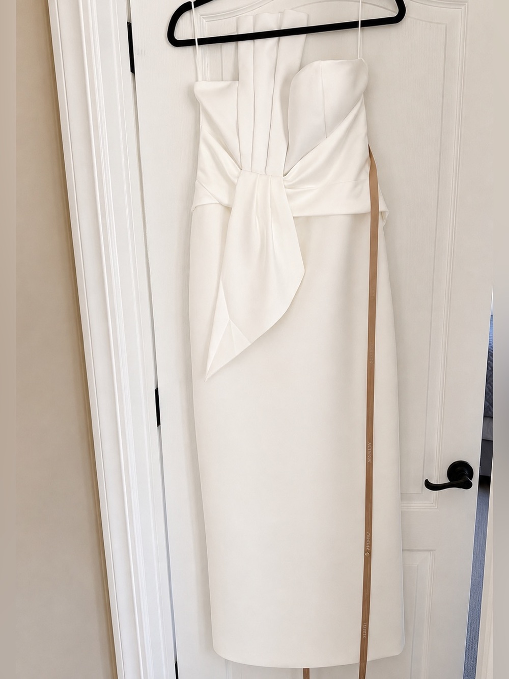 Meshki White Strapless Column Dress with Draped Front